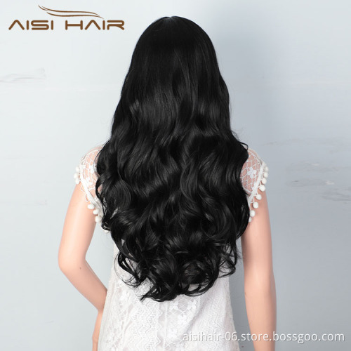Aisi Hair Natural Looking Long Wavy Curly Body Wave Natural Black Lace Frontal Synthetic Hair For Black Women Lace Front Wig
